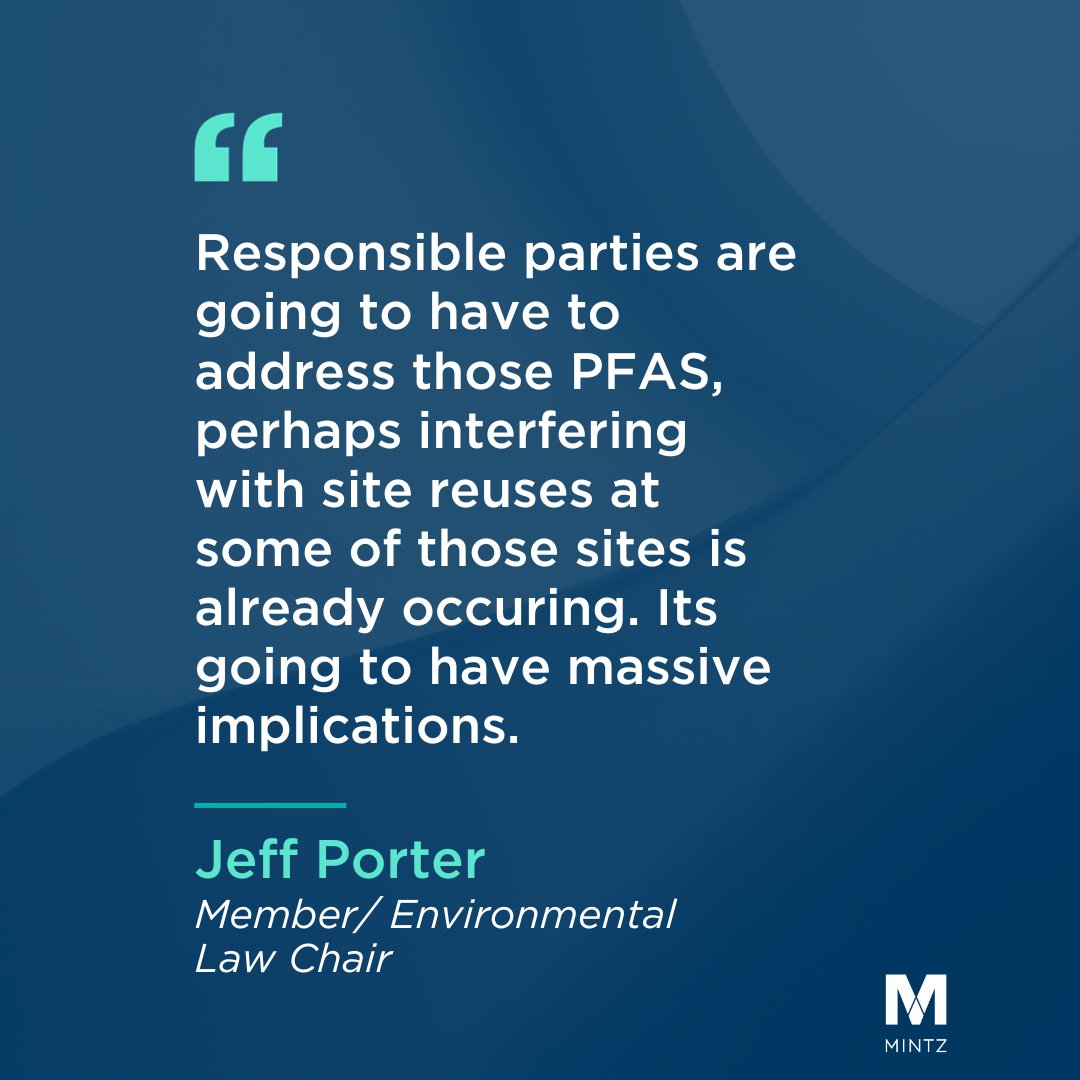 Environmental Law Chair, Jeff Porter, spoke to Inside EPA about the announcement that the EPA will reopen cleanups for PFAS-contaminated sites on a case-by-case basis. He concluded this concerted push for reopenings could have monumental implications.

bit.ly/46Vs5yB