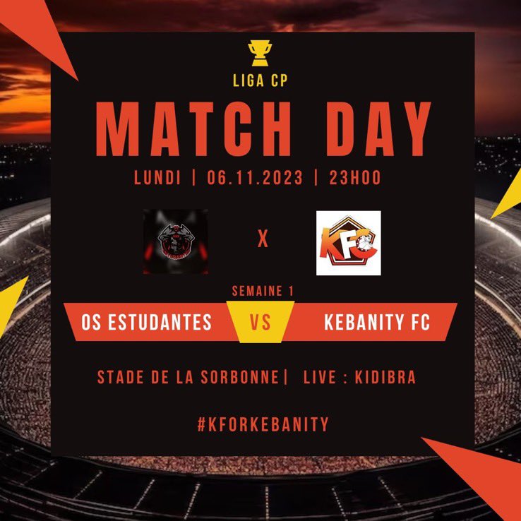 KebanityFC's tweet photo. JOUR DE MATCH !

🏆 1ers matchs de @LigaCP_ 
🤝 VS @GoldLineSP &amp; @OsEstudantesXXX 
🕒 22H30 &amp; 23H
🖥 https://t.co/v7dRJD1m6J
👊 #KForKebanity 

Bonne rentrée à tous ! https://t.co/MnTmsqp6cd