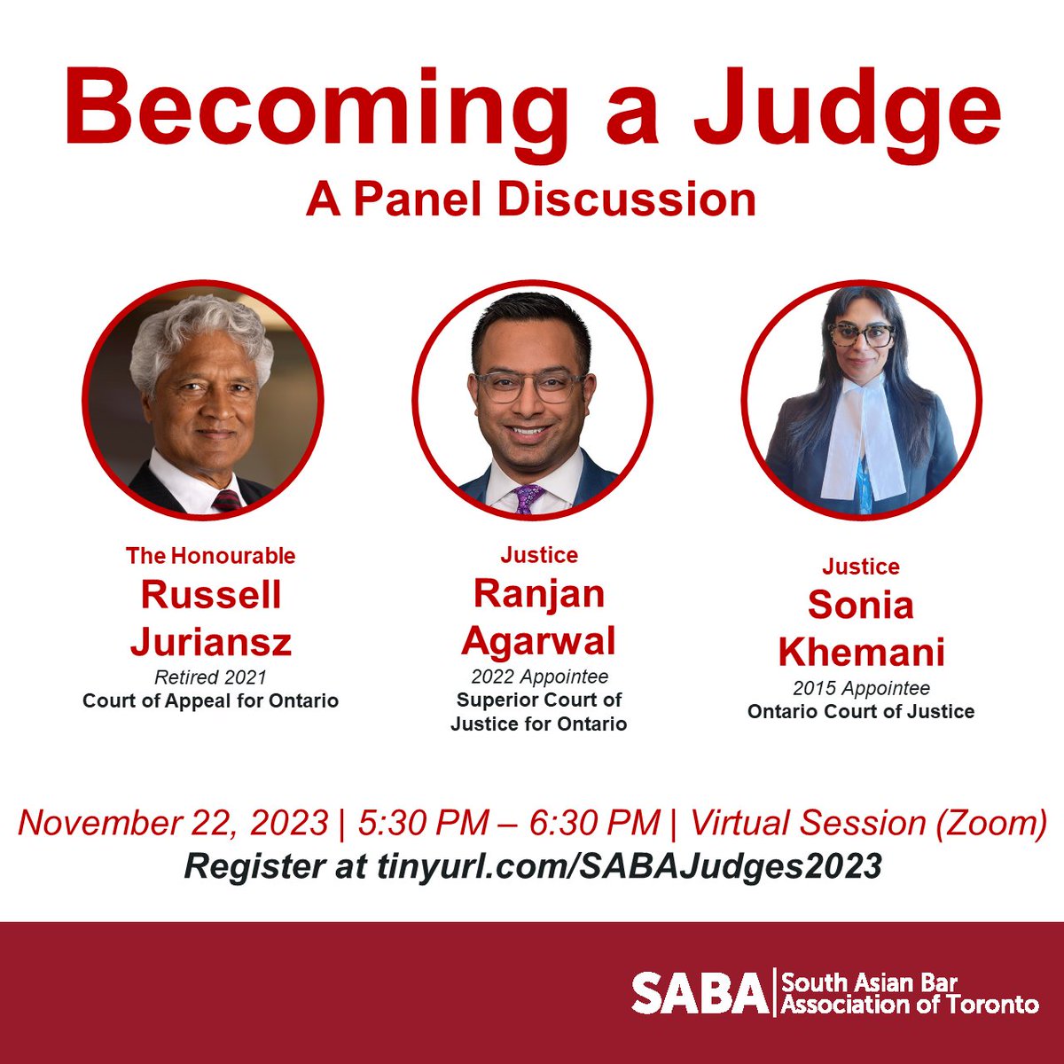 South Asian lawyers interested in judicial appointments are welcomed to a special virtual panel event on November 22 featuring current and former judges of the OCJ, ONSC, and ONCA. Register here: tinyurl.com/SABAJudges2023
