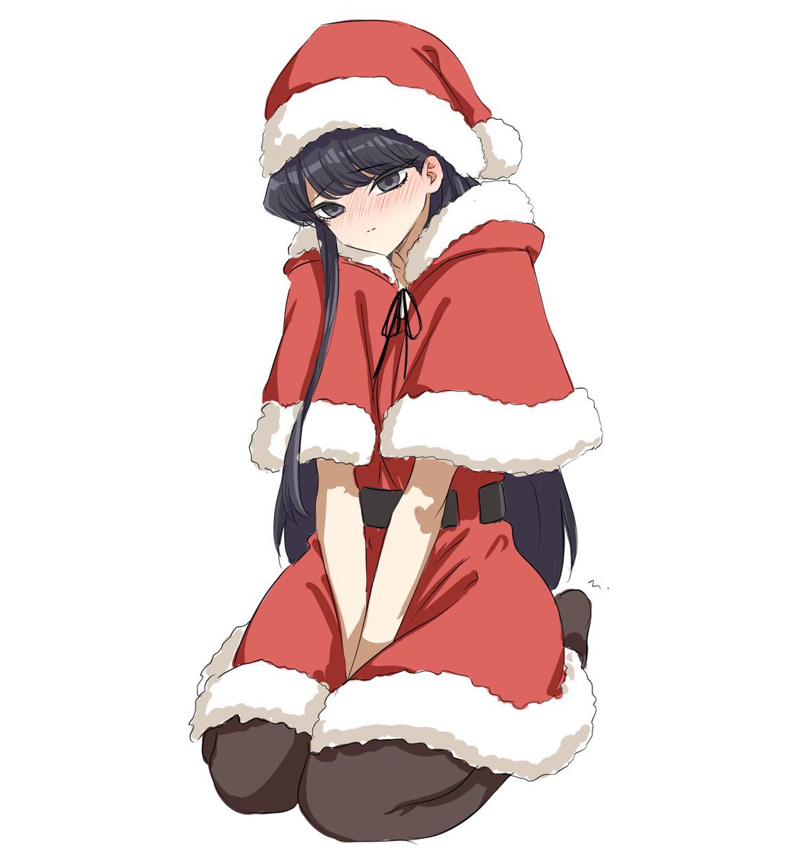 komi shouko 1girl pantyhose solo hat long hair santa costume blush  illustration images