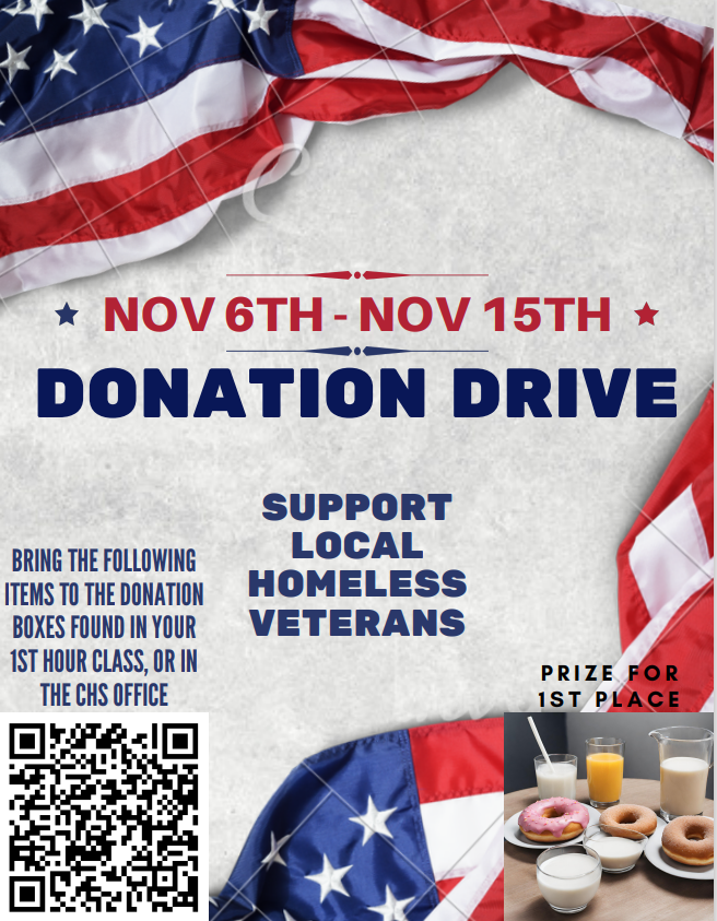 Help <a href="/CHS_LeadsTheWay/">Clinton High School</a> senior English classes collect items to support veterans in need. Students designed these posters and are promoting this donation drive for a great cause in honor of Veterans Day 🇺🇸 Thanks for your support!