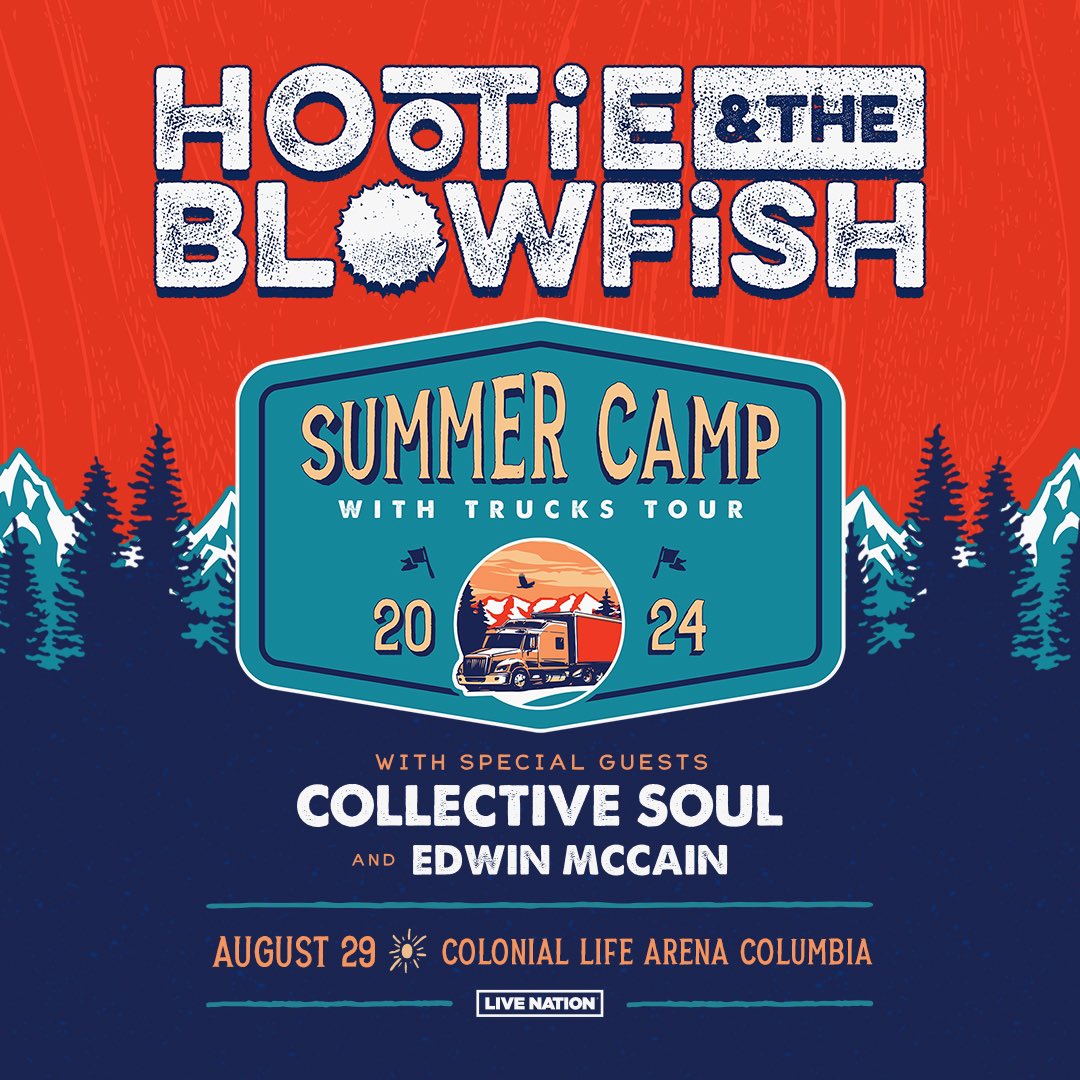 CLAmktg's tweet image. JUST ANNOUNCED‼️ @Hootietweets are bringing their Summer Camp with Trucks Tour with special guests @CollectiveSoul &amp;amp; @TheEdwinMcCain to #ColonialLifeArena  on 8/29! Get tickets this Friday, 11/10 here: bit.ly/0829HootieCOLA