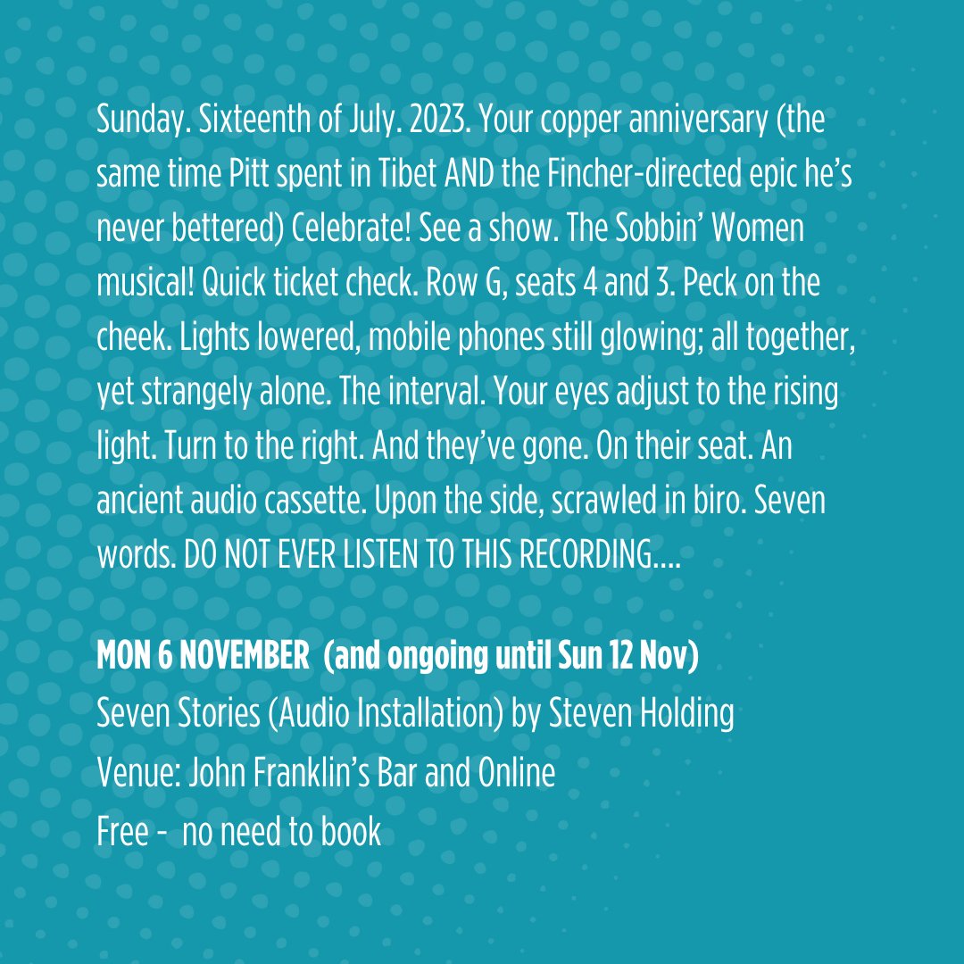 RoyalDerngate's tweet image. Seven Stories (Installation) by Steven Holding
An ancient audio cassette. Upon the side, scrawled in biro. Seven words. DO NOT EVER LISTEN TO THIS RECORDING….

Starts tonight at 7pm, then each night at 7pm until Sun 12 November
royalandderngate.co.uk/whats-on/seven…