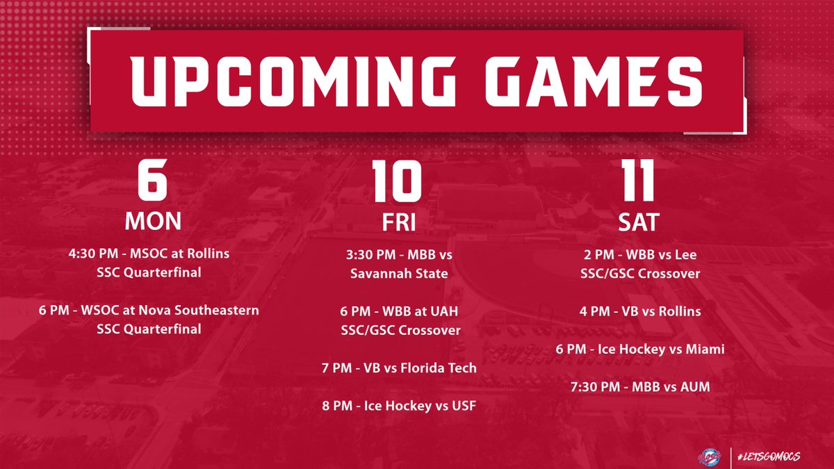 Mocs in action this week! @FSC_WSOC and @FSC_MSOC have SSC quarterfinal matchups tonight as @FSC_Volleyball, @FSC_MBB , and @Mocs_Hockey have matchups at home. @FSC_WBB will open its season in the SSC/GSC Crossover in Huntsville! #LetsGoMocs