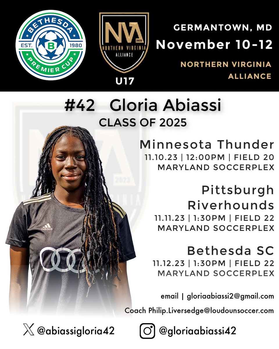 Gloria Abiassi (@abiassigloria42) on Twitter photo Starting this #friday <a href="/BethesdaCup/">Bethesda Premier Cup</a> #Showcase. I will be there with <a href="/AllianceECNL07/">Northern Virginia Alliance ECNL 2007</a>
<a href="/ImYouthSoccer/">ECNL/GA/Recruiting/College Soccer</a> <a href="/TheSoccerWire/">SoccerWire</a> <a href="/TopDrawerSoccer/">TopDrawerSoccer</a> <a href="/girlssoccernet/">Girls Soccer Network</a> <a href="/ImCollegeSoccer/">College Soccer Truth ™</a> @SoccerMomInt <a href="/NcsaSoccer/">NCSA Soccer</a> <a href="/ECNLMidNorth/">ECNL Mid Atlantic & North Atlantic</a> <a href="/AScholarsBrand/">Athletic Scholars Brand Inc.</a> Starting this #friday <a href="/BethesdaCup/">Bethesda Premier Cup</a> #Showcase. I will be there with <a href="/AllianceECNL07/">Northern Virginia Alliance ECNL 2007</a>
<a href="/ImYouthSoccer/">ECNL/GA/Recruiting/College Soccer</a> <a href="/TheSoccerWire/">SoccerWire</a> <a href="/TopDrawerSoccer/">TopDrawerSoccer</a> <a href="/girlssoccernet/">Girls Soccer Network</a> <a href="/ImCollegeSoccer/">College Soccer Truth ™</a> @SoccerMomInt <a href="/NcsaSoccer/">NCSA Soccer</a> <a href="/ECNLMidNorth/">ECNL Mid Atlantic & North Atlantic</a> <a href="/AScholarsBrand/">Athletic Scholars Brand Inc.</a>