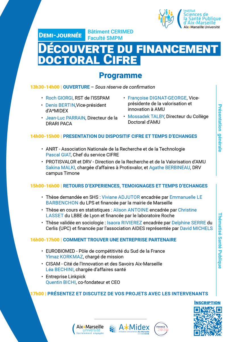 #Evenement | Étudiants, enseignants-chercheurs et chercheurs, plus que 6 jours pour vous inscrire à notre demi-journée "Découverte du financement doctoral CIFRE" !

Les inscriptions sont gratuites, plus d'info : univ-amu.fr/fr/public/cale…

⬇⬇ Le programme ⬇⬇