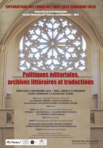 IMECArchives's tweet photo. [POLITIQUE EDITORIALE, ARCHIVES EDITORIALES ET TRADUCTION]
Le 8/11 à 14h
Séminaire dirigé par Viviana Agostini-Ouafi et Caroline Bérenger : https://t.co/aClbxpebQt
Réservation obligatoire: reservations@imec-archives.com

#imecarchives https://t.co/3YcMzlUTv2