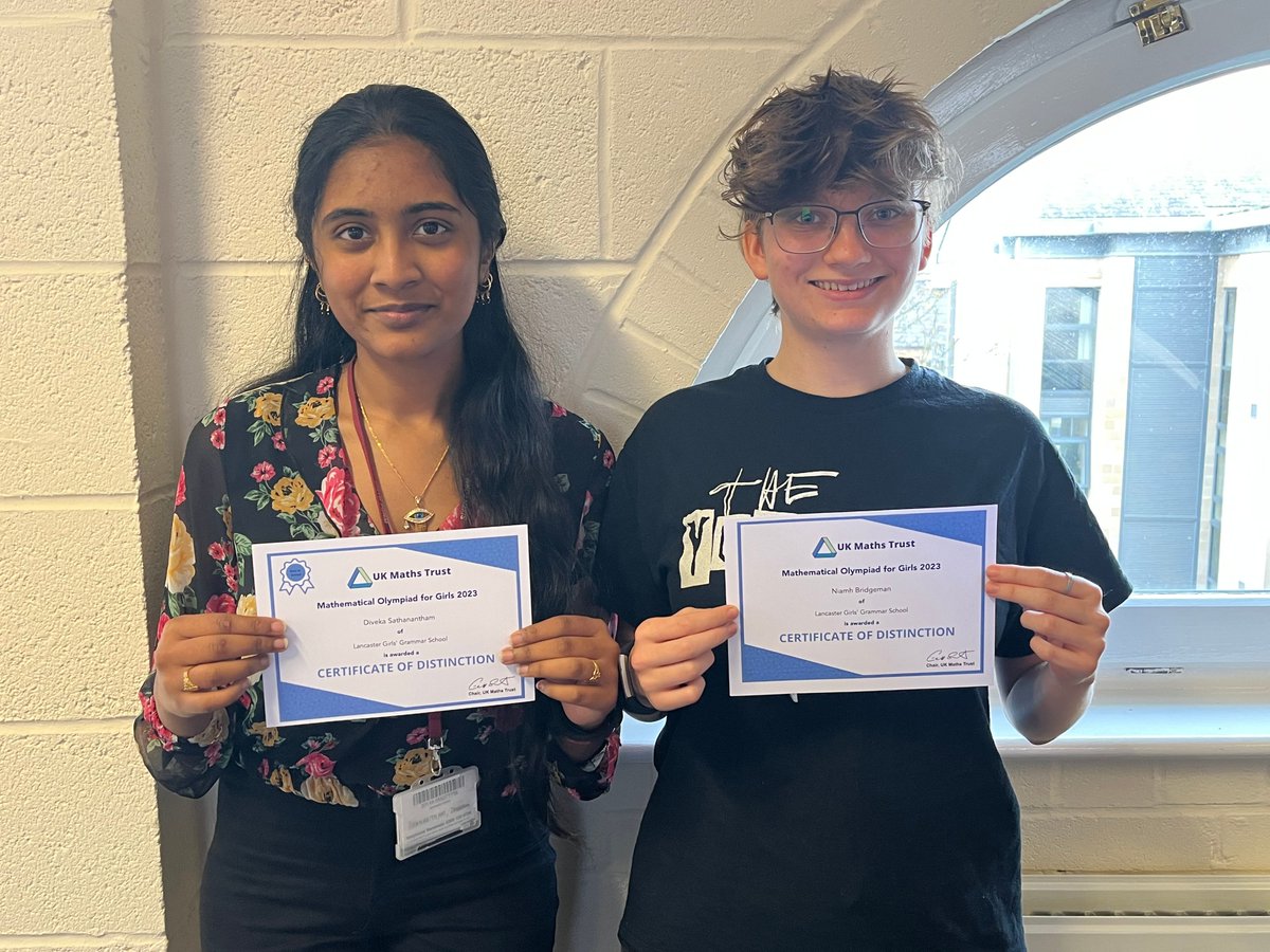 Lancaster Girls' Grammar School (@lancastergirls) on Twitter photo Congratulations to Diveka and Niamh who achieved a Distinction in the recent Maths Olympiad for Girls.
We also had 68 students take part in the Senior Maths challenge with 4 Gold, 14 Silver and 24 Bronze certificates awarded.
#LGGSDifference #LGGSChallenge <a href="/UKMathsTrust/">UK Maths Trust</a> Congratulations to Diveka and Niamh who achieved a Distinction in the recent Maths Olympiad for Girls.
We also had 68 students take part in the Senior Maths challenge with 4 Gold, 14 Silver and 24 Bronze certificates awarded.
#LGGSDifference #LGGSChallenge <a href="/UKMathsTrust/">UK Maths Trust</a>