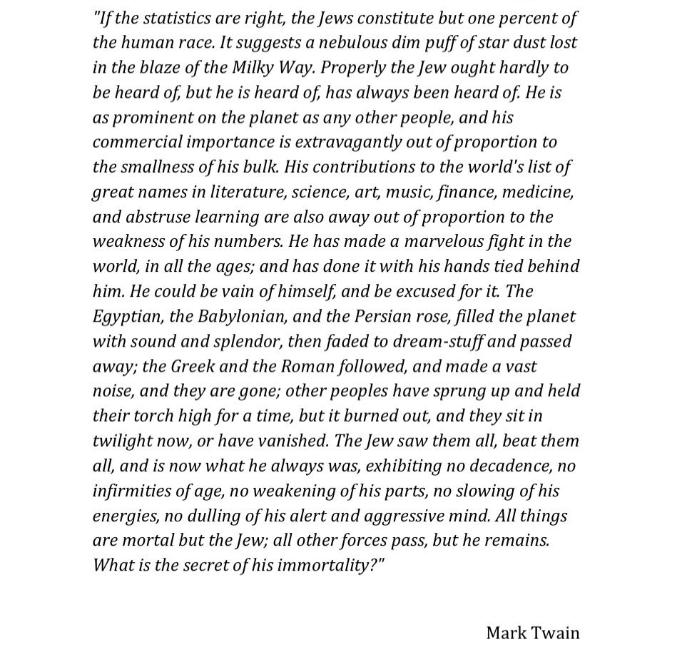 Toxic victimhood that Lucas Gage engages in “it’s all the Jews fault” is a dead end. Perhaps one day he will see the truth. Happily, Mark Twain understood that the Jews are eternal.