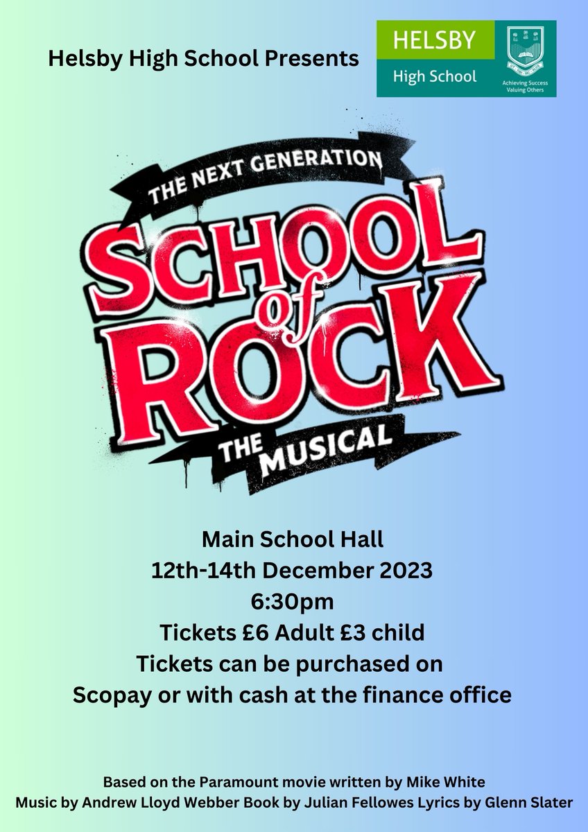 We are delighted to present our whole school production of 'School of Rock'. This will be performed from the 12th-14th of December at 6:30pm in the main school hall. Tickets are now on sale via Scopay or in cash at the finance office. Any questions, please contact Mrs Ratcliffe.