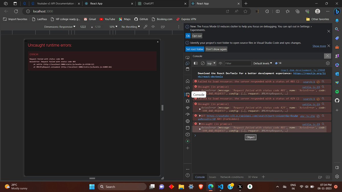 Mani_xsh's tweet image. Day 38 of learning MERN #100DaysOfCode #youtubeapi
Tried to fetch the YouTube API and encountered errors. 🙃
