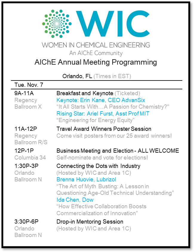 We have a packed day of programming tomorrow (Tues) with <a href="/aichewic/">AIChE WIC</a> and <a href="/AIChEInterface/">AIChE Interfacial Phenomena</a> - make sure to stop by our events below!