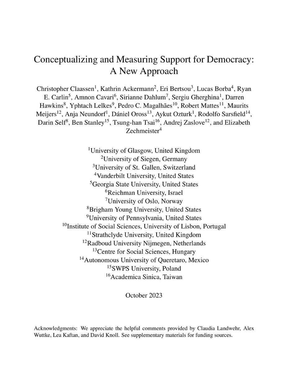 A paper by a large team led by @chris__claassen tries to address the issue that existing survey questions focusing on “democracy” may not measure the concept well, as the term “democracy” varies in meaning and may prompt social desirability (1/4): papers.ssrn.com/sol3/papers.cf…
