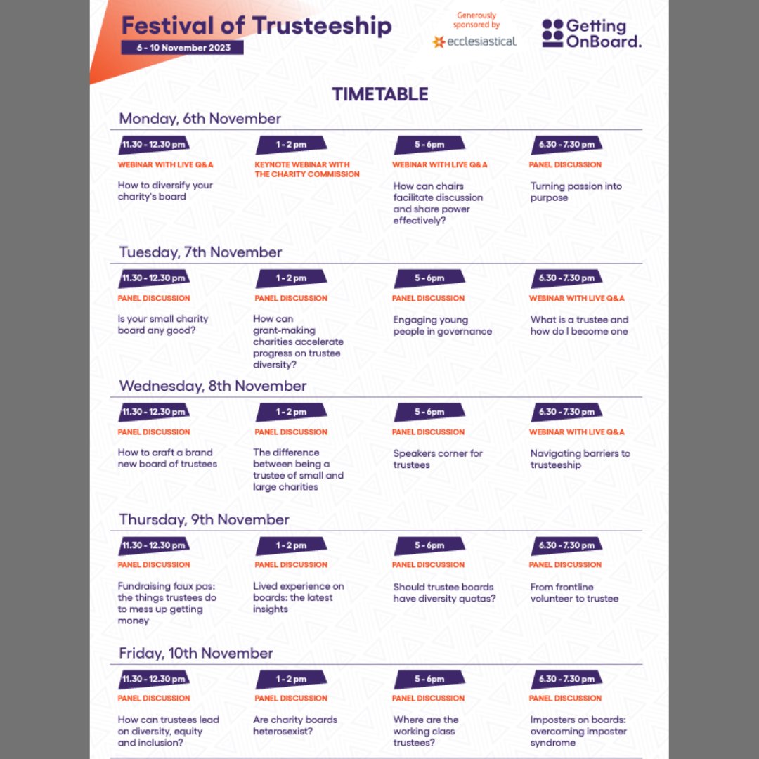 It's #TrusteesWeek and @gettingonboard have a Festival of Trusteeship. Book individual sessions or £25 for a week's pass. Take a look here ow.ly/fcTP50Q4xtS