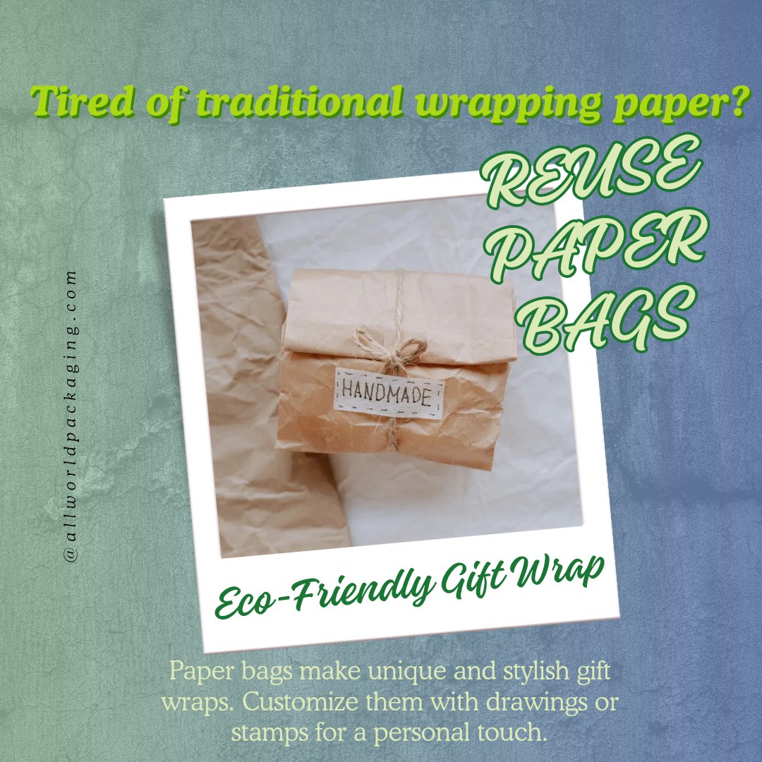 Paper bags make unique and stylish gift wraps. Customize them with drawings or stamps for a personal touch.

Follow us for more tips 👆♥️

#allworldpackaging #reusablebags #reusereducerecycle #paperpackaging #recyclebc