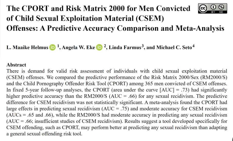We directly compare CPORT and Risk Matrix 2000 for men convicted of CSEM offences: both scales predict, but some advantage to CPORT. We also meta-analyzed current studies on both. Check out our open-access article at  journals.sagepub.com/doi/epub/10.11…