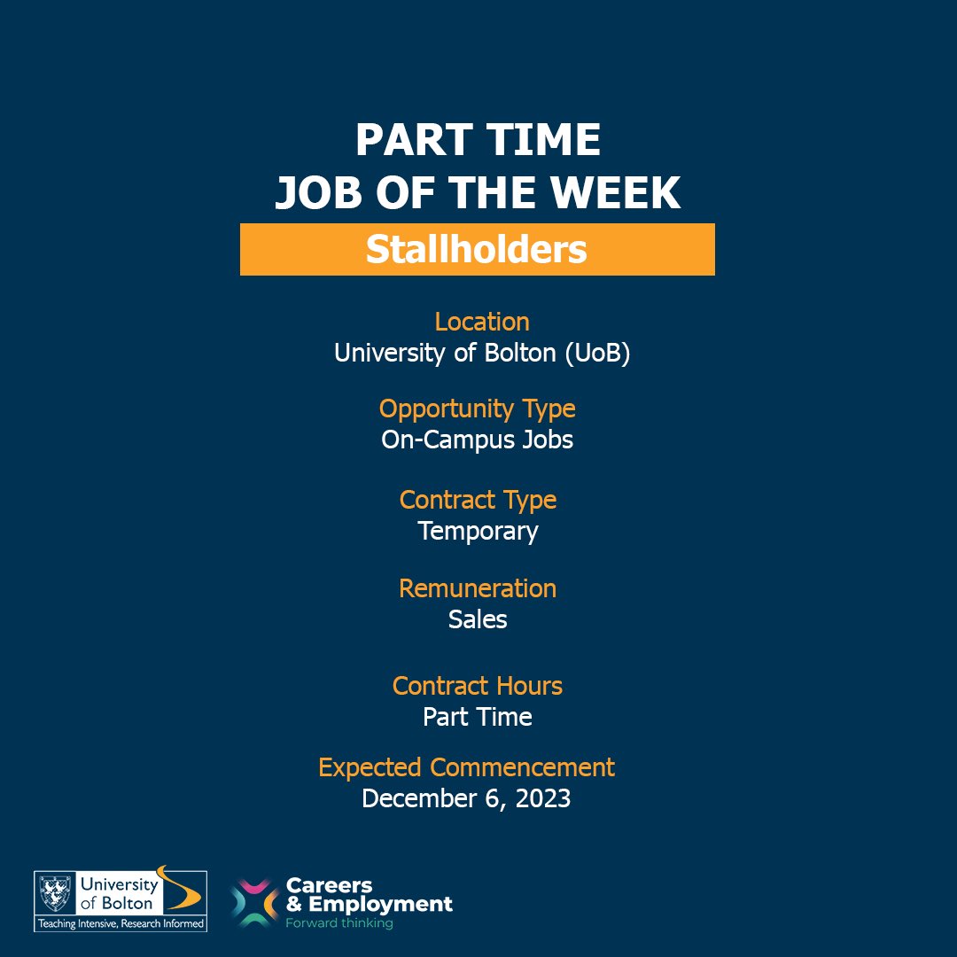 boltoncareers's tweet image. #ParttimeJoboftheWeek 
Stallholder at the University of Bolton Festive Fair
Temporary position
To apply, click the link in our bio to access Studenthub!

#jobs #festivefair #studentjobs #universityofbolton #festive