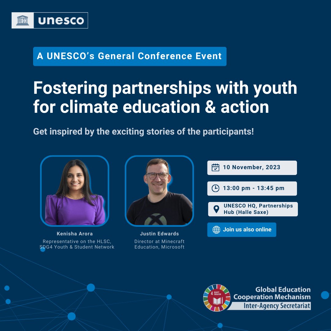 Join <a href="/PlayCraftLearn/">Minecraft Education</a>, <a href="/AGFforE/">AGF</a> and #LeadingSDG4 youth for climate education &amp; action! 🌱🙌

Their dialogue holds significance to youth involvement in education decisions and industry agendas. #unescoGC #UNESCOxPartners

🕐: November 10, 13:00-13:45 CET
🔗: unesco.org/en/articles/fo…