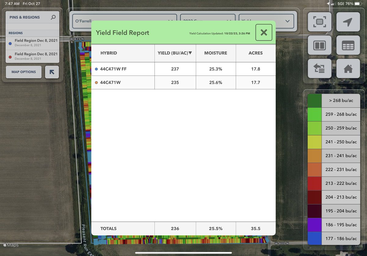 thefarmerslife's tweet photo. Been waiting all season to get numbers back on my closing system test. @FieldView lets me pop them up right in the combine cab. We loaded the planter with one hybrid. I just altered the name of the 12 rows with the fancy closers. More to come! #FieldViewPartner #Harvest23 https://t.co/o0yt8kDNLk