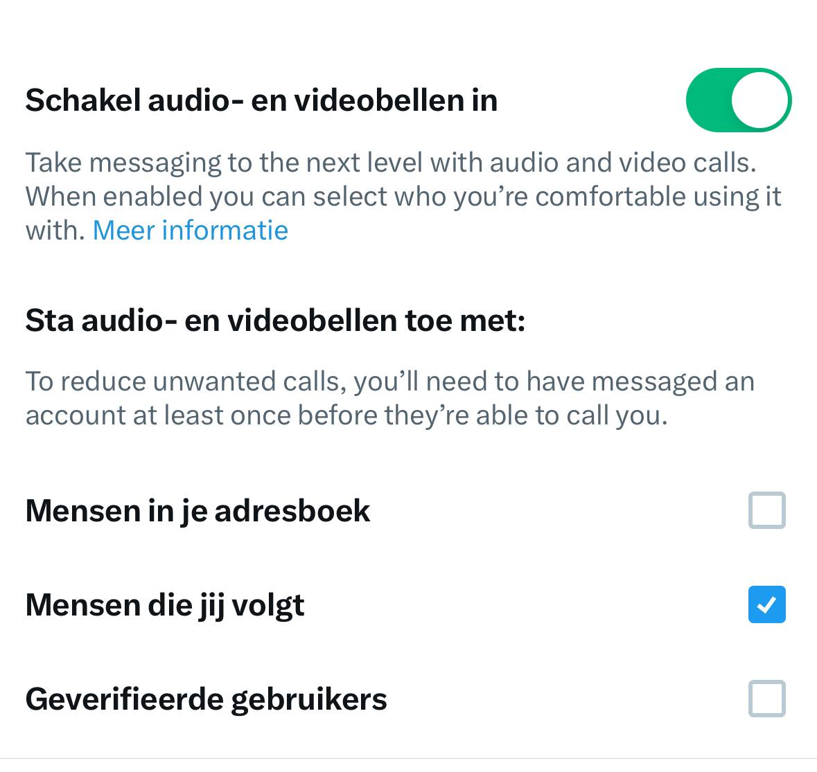 X heeft voor mensen (veelal stilletjes) ingesteld dat je kan worden ge(video)beld door iedereen die je volgt.

Je schakelt deze functie uit in de app via Instellingen > Privacy en veiligheid > Privéberichten