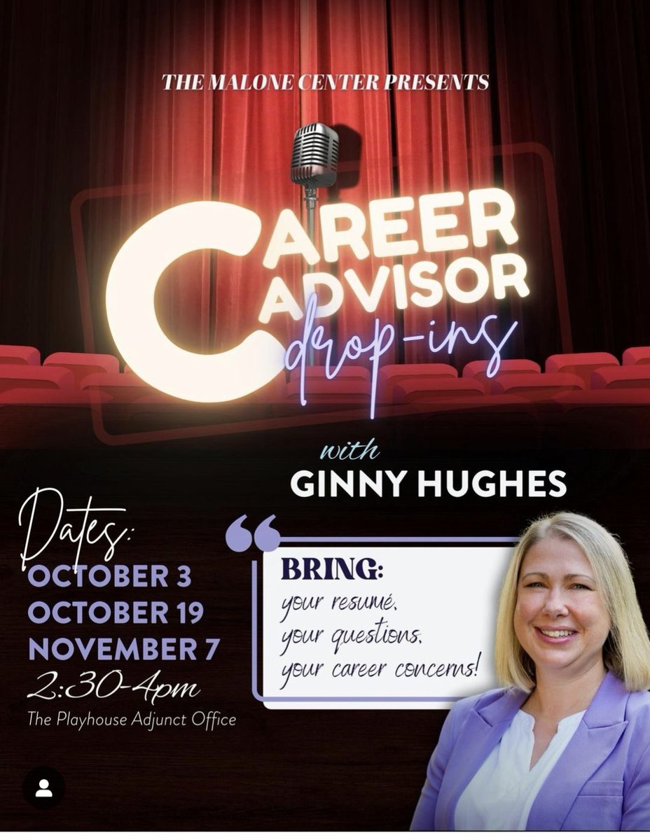 One more chance to drop in with our Furman Malone Center Career Advisor Ginny Hughes Tuesday at The Playhouse 2:30-4:00 PM. She'll be in the adjunct office next to the box office ready to chat!

#Furman #FurmanCareer #MaloneCenter #TFA #FurmanTheatre
