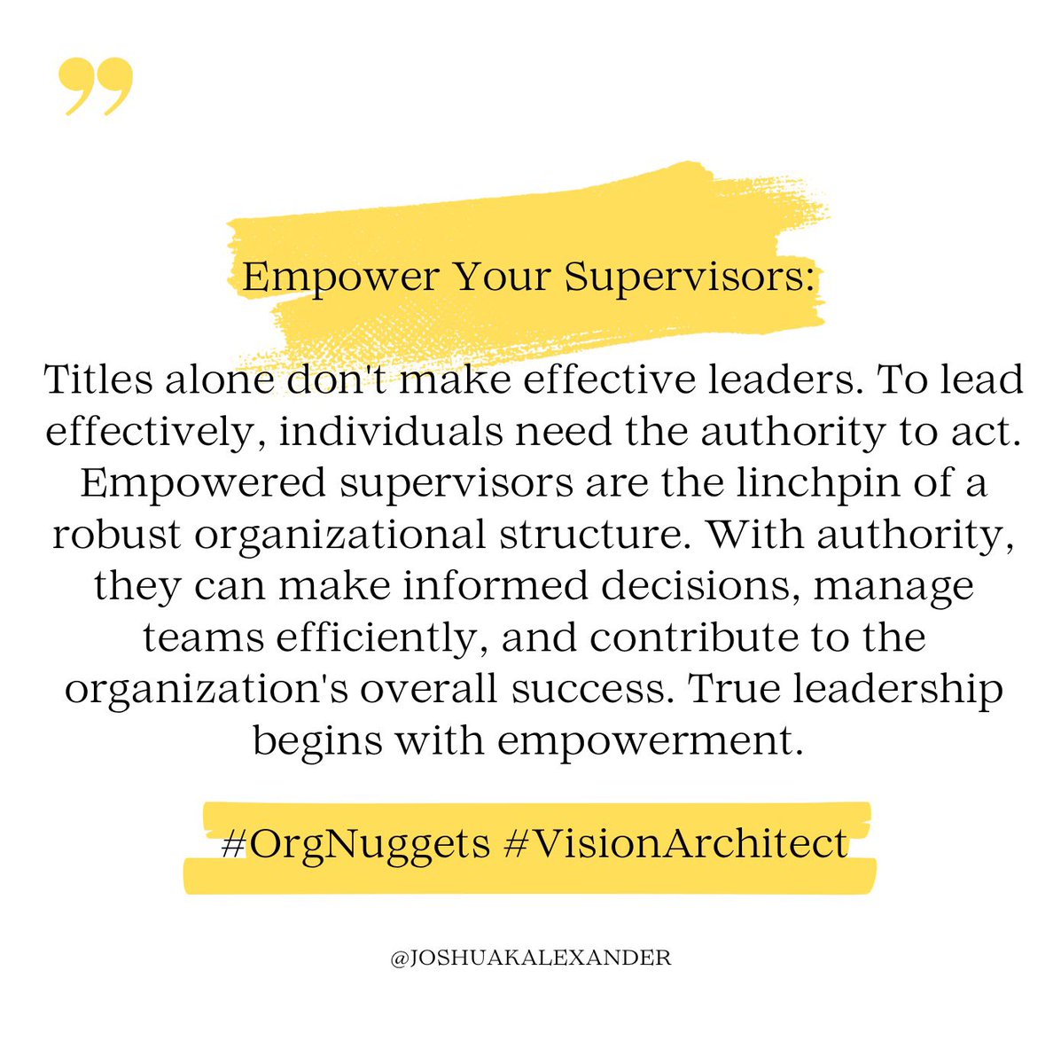 joshkalexander's tweet image. Leaders aren&apos;t just born; they&apos;re empowered to lead. By granting supervisors the autonomy to make pivotal decisions, you&apos;re laying the groundwork for a resilient and successful organizational culture. #LeadershipEmpowerment #StructuralStrength #OrgNuggets #VisionArchitect