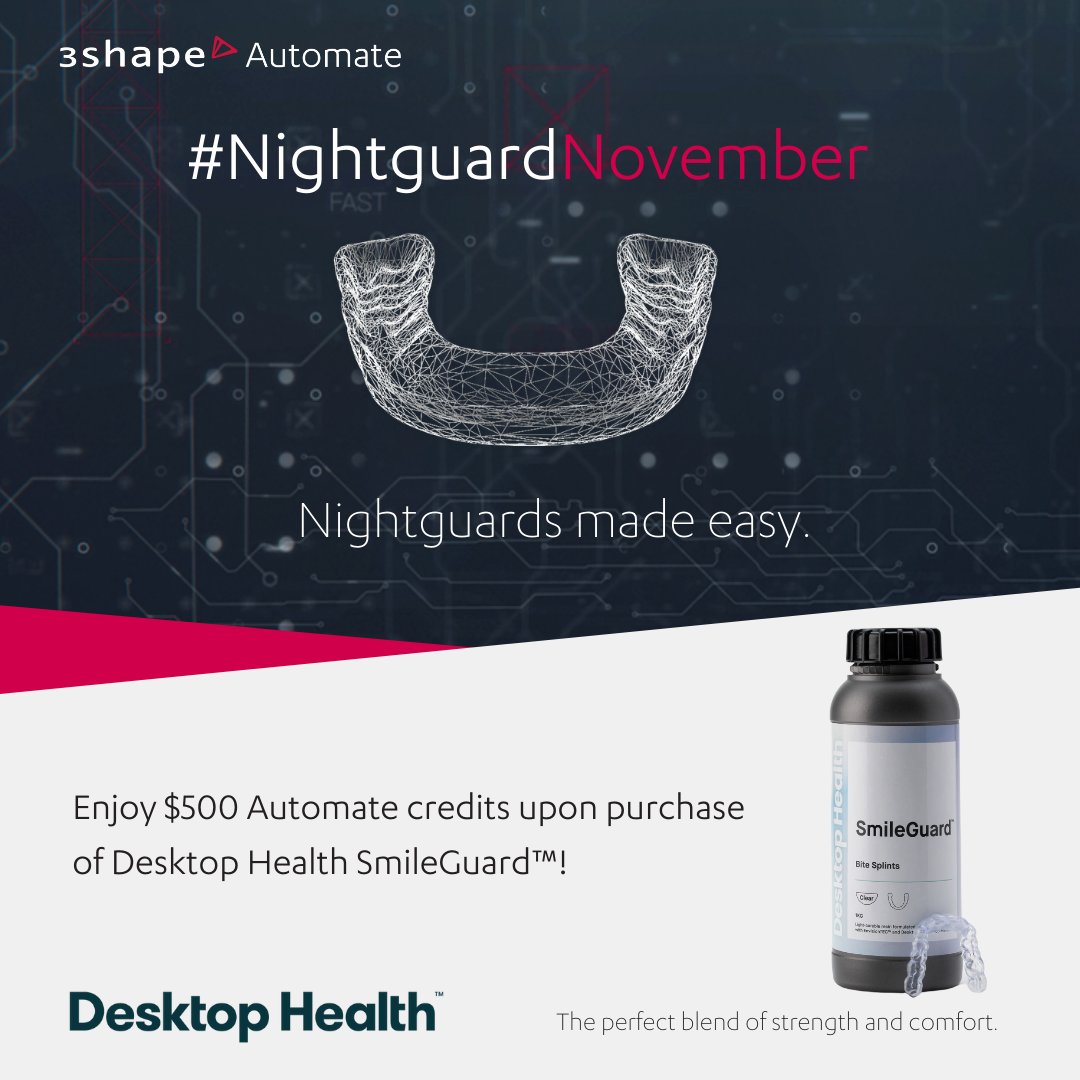 desktophealth's tweet photo. Discover easy #nightguard solutions with #3Dprinting & AI design! Partnering with #3Shape Design for #NightguardNovember, we bring you #SmileGuard night guards for strength & comfort. Get $500 design credit with resin purchase!
Learn more: https://t.co/nleh9mtFxK
#DentalTech https://t.co/y0OvuQHGP8