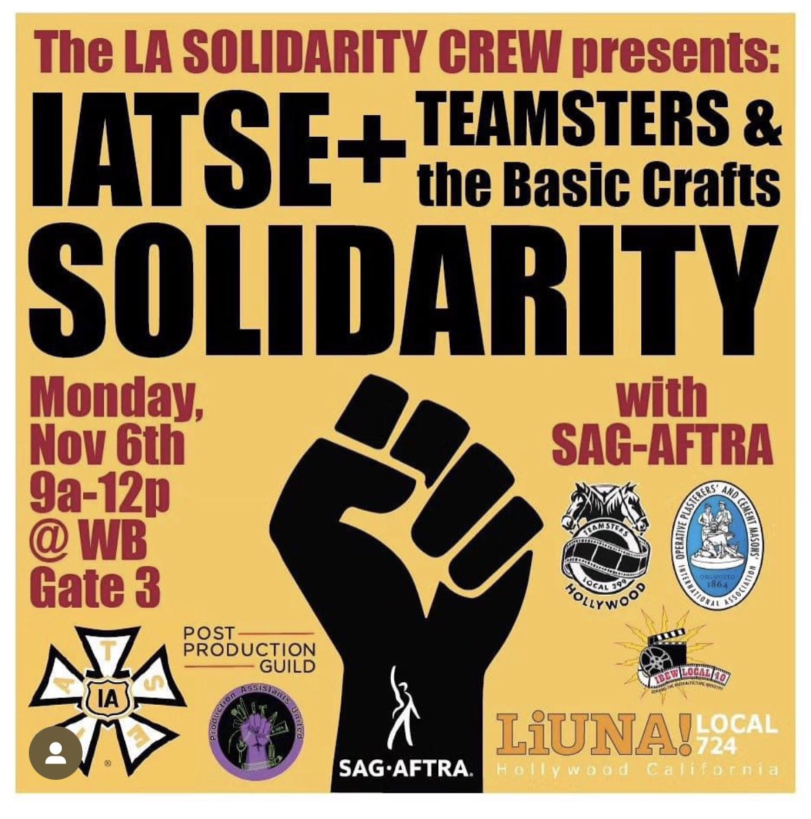 LA based people come out TODAY 11/6 to join <a href="/IATSEcrew/">IATSEcrew</a> + Teamsters at the Warner picket line in solidarity with our <a href="/sagaftra/">SAG-AFTRA</a> brothers &amp; sisters. 

Solidarity equals power. It is that power that will push forward fair contracts and an understanding of what our community deserves.