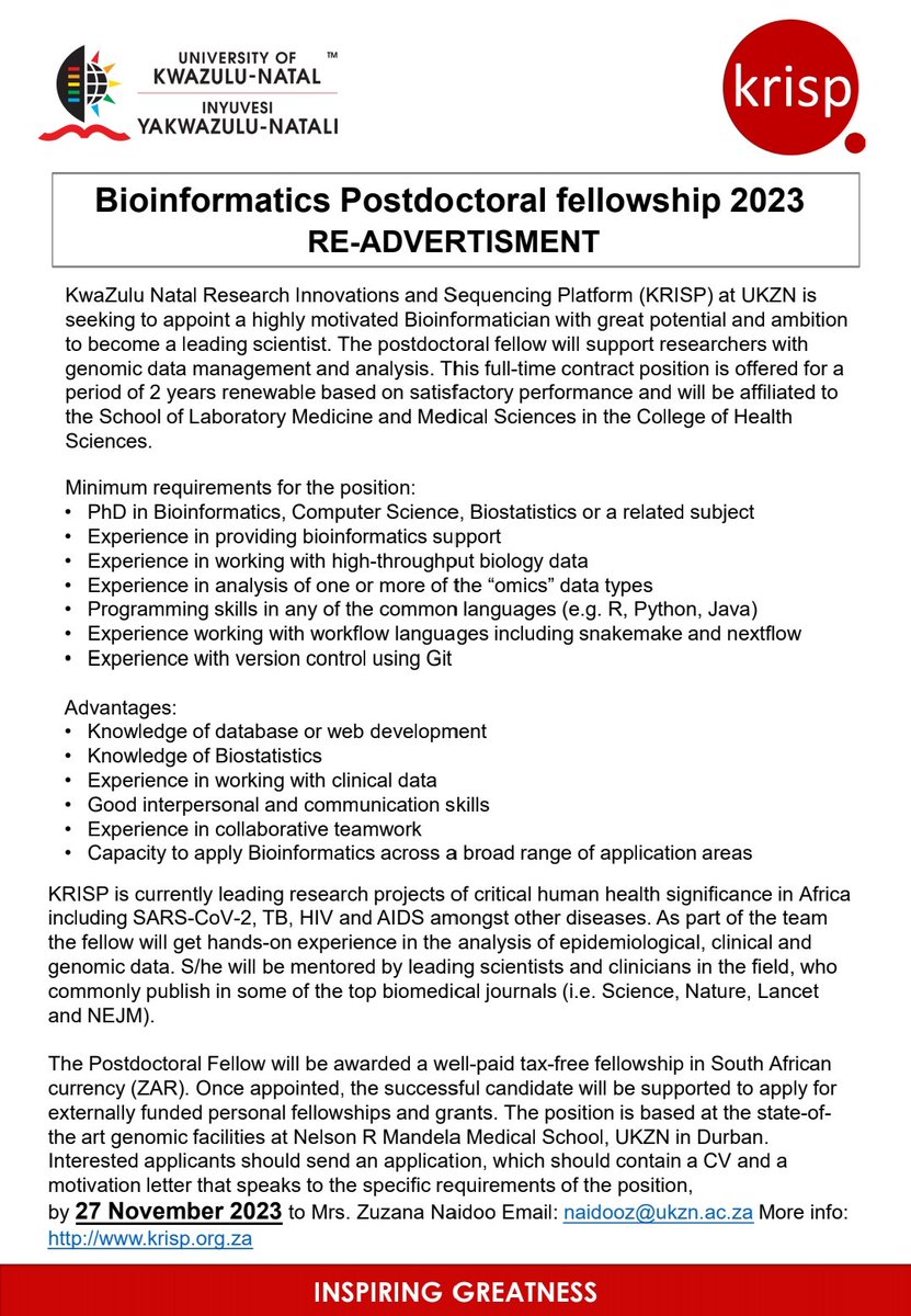 Apply now to join our incredible team at <a href="/UKZN/">University of KZN</a>  for a two-year research #postdoc.  Min Req is a PhD in #Bioinformatics, Computer Science, #Biostatistics, or related subject. 
Send your CV and a motivational letter to Mrs. Zuzana Naidoo at naidooz@ukzn.ac.za by November 27, 2023.