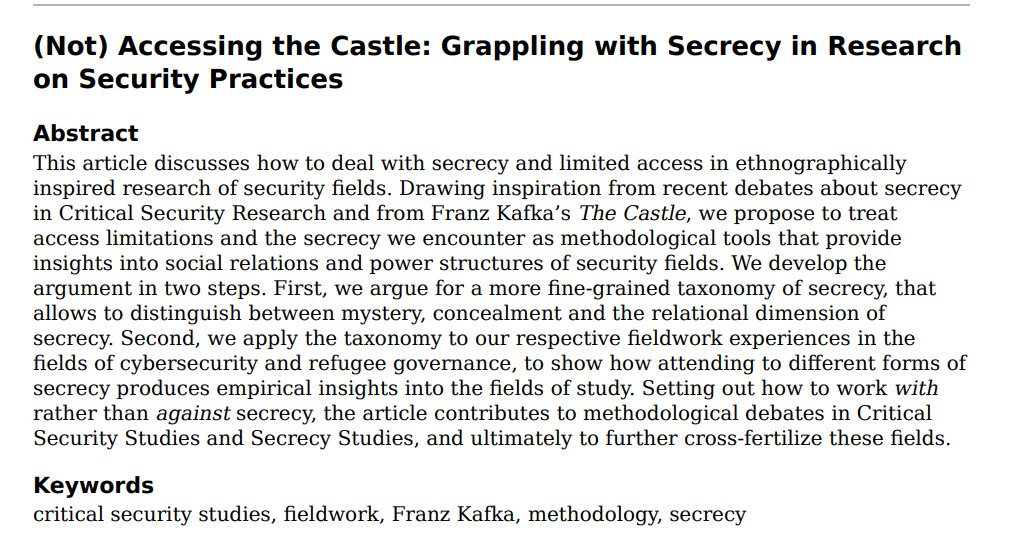 Natalie Welfens (@nwelfens) on Twitter photo Already a while ago, <a href="/mullerlilly/">Lilly Muller @lillymuller.bsky.social</a> & I published this piece on secrecy + access in ethnographically inspired security research.We argue that instead of 'opening the black box', we can pertain to secrecy and limited access as research data in its own right 🧵tinyurl.com/mr335pfs Already a while ago, <a href="/mullerlilly/">Lilly Muller @lillymuller.bsky.social</a> & I published this piece on secrecy + access in ethnographically inspired security research.We argue that instead of 'opening the black box', we can pertain to secrecy and limited access as research data in its own right 🧵tinyurl.com/mr335pfs
