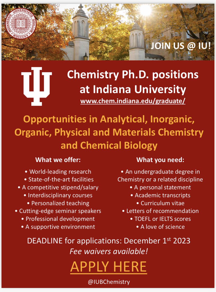 Ricardo Javier Vázquez (@tripletstateguy) on Twitter photo Do you want to know more information about our graduate school admission process? <a href="/IUBChemistry/">Indiana University Chemistry Department</a>
Join us in our virtual session tomorrow.
Virtual Session: Tuesday, November 7 from 5pm to 6pm EST (Hosted by: J.P. Gerdt and Tom Snaddon)
Zoom link: lnkd.in/gVYkkhAw Do you want to know more information about our graduate school admission process? <a href="/IUBChemistry/">Indiana University Chemistry Department</a>
Join us in our virtual session tomorrow.
Virtual Session: Tuesday, November 7 from 5pm to 6pm EST (Hosted by: J.P. Gerdt and Tom Snaddon)
Zoom link: lnkd.in/gVYkkhAw