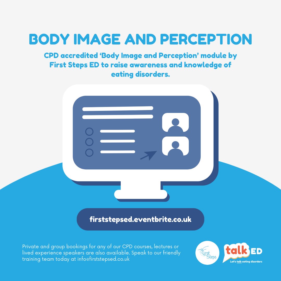 FirstStepsED's tweet image. Calling all professionals!📣

Do you want to gain knowledge on ED topics such as body image and nutrition?

Sign up for our CPD courses now and check out our other courses available in November and December: eventbrite.co.uk/o/first-steps-…

#CPDCourse #Training #EarlyIntervention