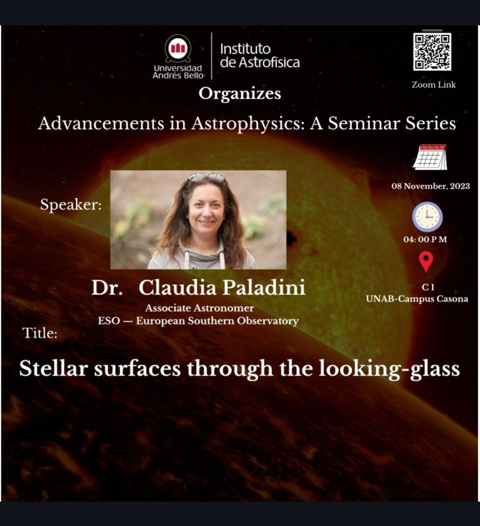 Dear all

this Wed, Nov8th at 4:00 pm, we will have a seminar by Claudia Paladini (ESO-Santiago).  The seminar will be in C1 where the professors' offices are.

Title: Stellar surfaces through the looking-glass