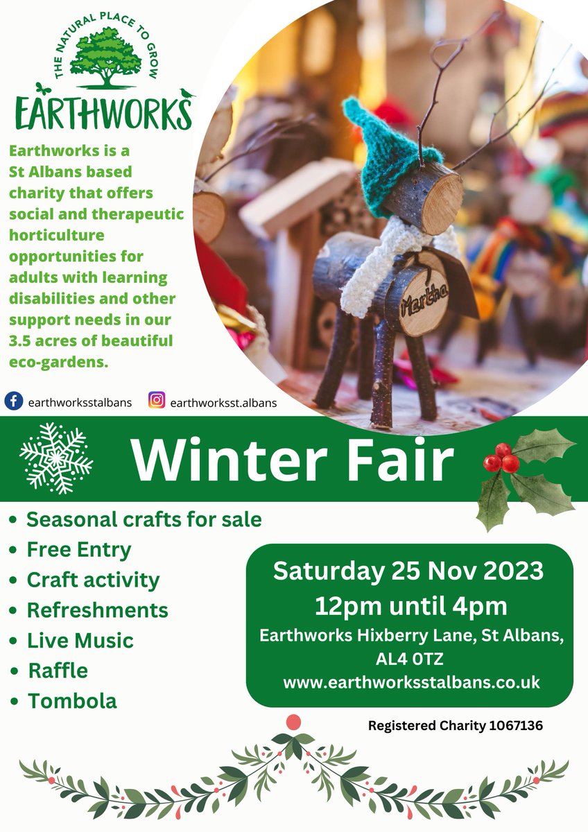 Earthworks' annual Winter Fair is back on 25th November 12 - 4pm. Join us for festive entertainment, refreshments, homemade sustainable gifts for sale, inclusive craft activity and more! 🌳⛄️