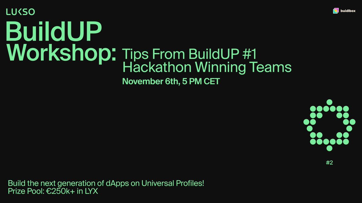 ERC725's tweet photo. Happy Monday!

Just a reminder:
Week 2 of the BuildUP #2 hackathon is underway! 

Check it out:
https://t.co/MQgcMx8I0Z https://t.co/N7Q1QSDNab