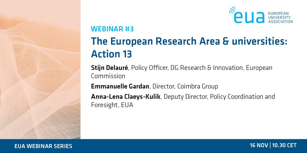 The next webinar in our series ‘A new ERA for universities’ will explore ERA action 13 on the empowerment of universities. Hear from EUA, <a href="/EU_Commission/">European Commission</a> and <a href="/CoimbraGroup/">Coimbra Group</a> 
📅 16 November 2023, 10.30 CET 
EUA members only bit.ly/49kFS3t 

#EUResearchArea #ResearchImpactEU