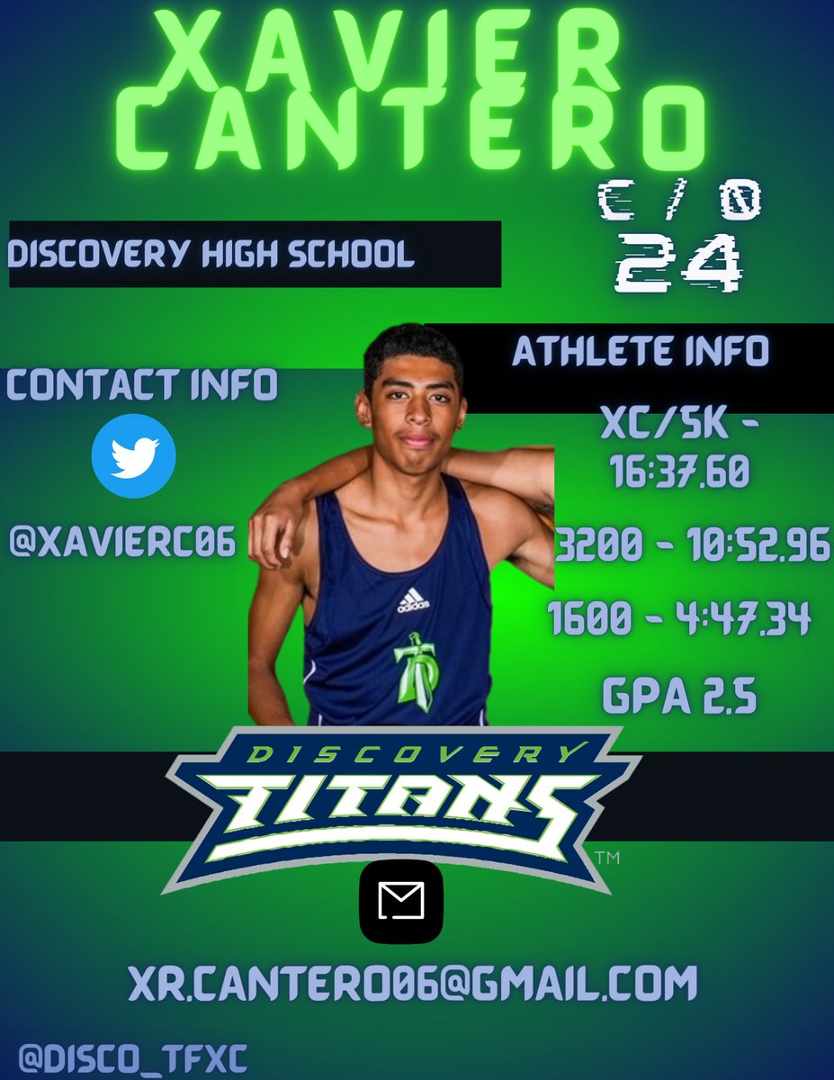 #RecruitTheDisco24 COACHES LOOKING FOR DISTANCE RUNNERS Today we have Xavier Cantero (c/o24 unsigned) <a href="/XavierC06/">Xavi Cantero</a> ! Xavier Enjoyed an OUTSTANDING year in XC this year and looks to continue onto the track ! (5K - 16:37) (3200 -10:52) (1600 4:47) <a href="/CoachJGarris/">Coach Garris</a>