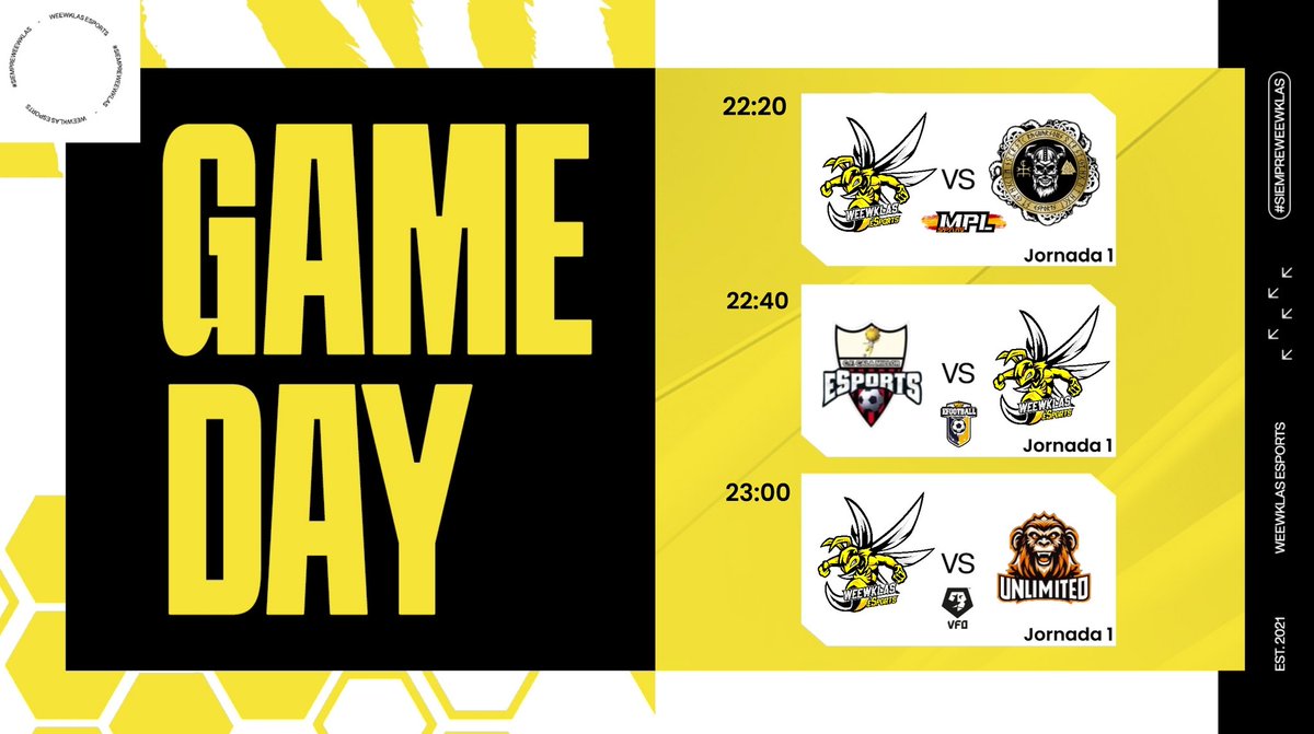 🎮⚽MatchDay⚽🎮

<a href="/WeewKlas/">Weewklas eSports | Clubes Pro</a> 🐝

🏆I @MPL_Europe
🆚I <a href="/RagnarSons_ES/">𝕽𝖆𝖌𝖓𝖆𝖗𝕾𝖔𝖓𝖘</a>
🗓️I Jornada 1
⏰I 22:20

🏆I <a href="/PLGeFootBall/">PLG efootball</a>
🆚I <a href="/CFCM_eSports/">CF CALA MILLOR 🎮⚽️</a>
🗓️I Jornada 1
⏰I 22:40

🏆I <a href="/VFOspain/">VFO España</a>
🆚I @Unlimited_PS5
🗓️I Jornada 1
⏰I 23:00

#GOWK #TodosSomosWeewklas
💛🖤