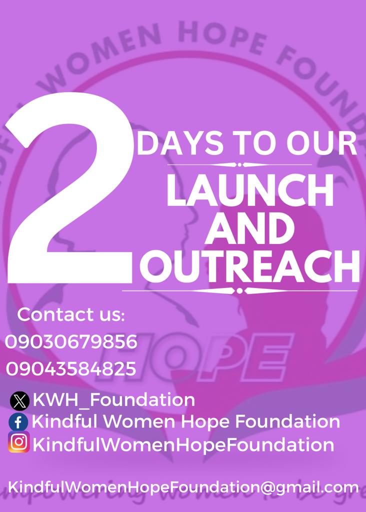 KWH_Foundation's tweet photo. 2 days to the launching/outreach of Kindful Women Hope Foundation 💃🏽🥳

We are so excited to make a wonderful and positive impacts to different women and female children in different communities.

#Countdowns
#Launchinghope
#EmpoweringWomen #CommunityOutreach
#BuildingHope https://t.co/sQZprtopGp