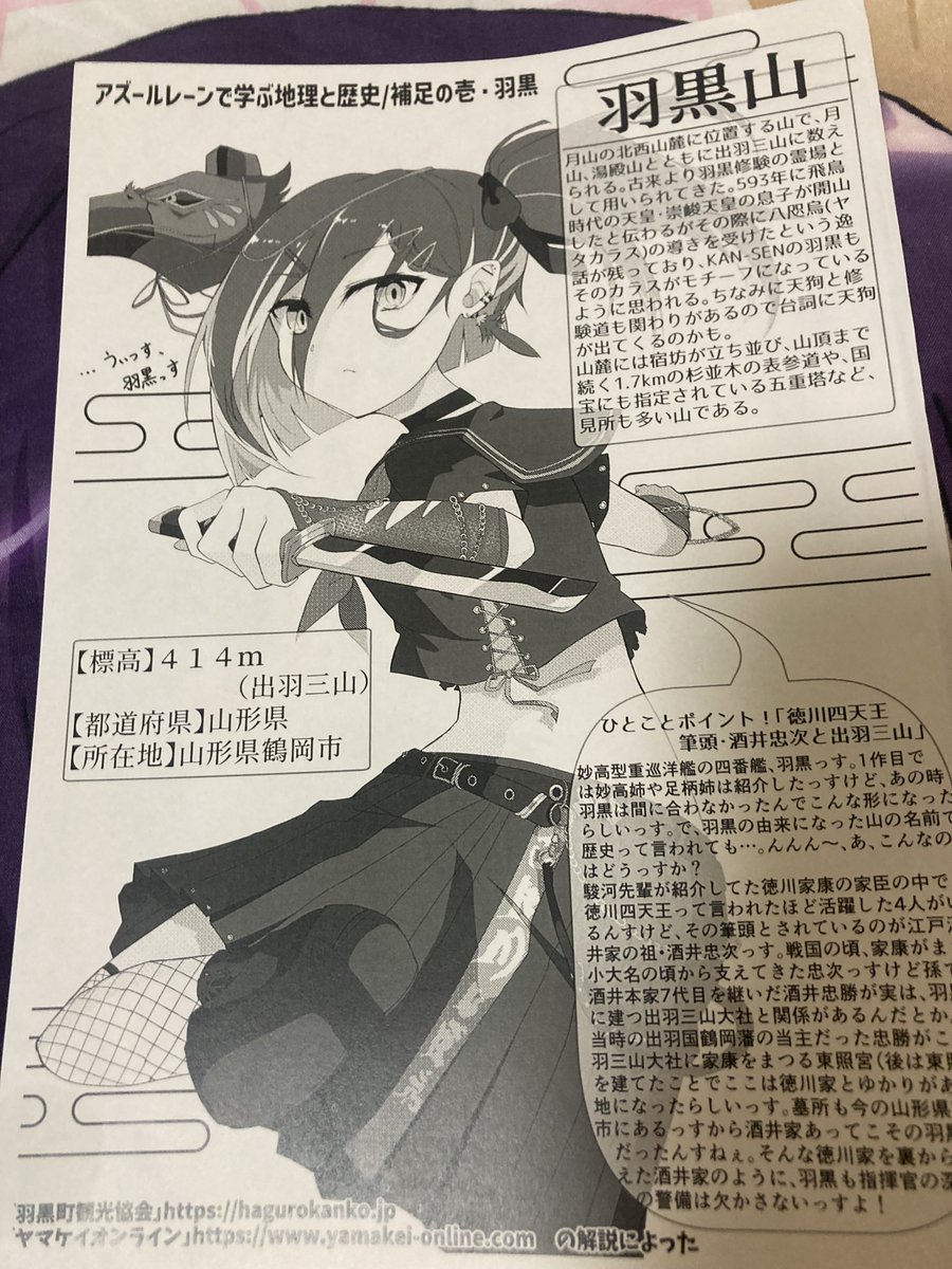 次はアズレン。ヲチバさん(@ochiba16)の「アズレンで学ぶ地理と歴史Vol.3」ヲチバさんの地理歴史本も遂に3冊目。今回は旧国名ってことで重桜戦艦スキーにはたまらん本です‼️

最後のページにはわらさん(@wara_hirono)の羽黒とペーパーで解説もあります✨
羽黒ってゴスロリ着せて原宿歩かせたいよね() 