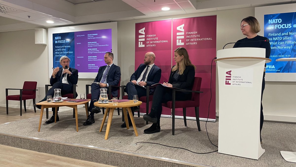 FIIA (@fiia_fi) on Twitter photo Today's #NATOinFocus seminar discussed Finland and Norway as allies. #NATO
Speakers Wegger Strømmen <a href="/NorwayAmbFI/">Wegger Chr. Strømmen</a>, <a href="/kristinhaugevik/">Kristin Haugevik</a>, <a href="/OyvindSvendsen/">Øyvind Svendsen</a> and <a href="/RasmusHindren/">Rasmus Hindren</a> emphasized that 🇫🇮 and 🇳🇴 can learn from one another.
<a href="/KatjaCreutz/">Katja Creutz</a> chaired the event. Today's #NATOinFocus seminar discussed Finland and Norway as allies. #NATO
Speakers Wegger Strømmen <a href="/NorwayAmbFI/">Wegger Chr. Strømmen</a>, <a href="/kristinhaugevik/">Kristin Haugevik</a>, <a href="/OyvindSvendsen/">Øyvind Svendsen</a> and <a href="/RasmusHindren/">Rasmus Hindren</a> emphasized that 🇫🇮 and 🇳🇴 can learn from one another.
<a href="/KatjaCreutz/">Katja Creutz</a> chaired the event.