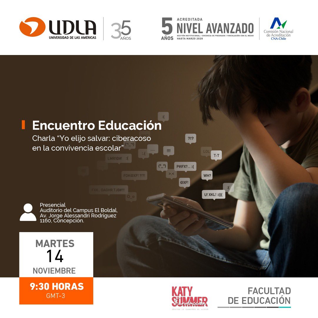 valeortiz's tweet photo. UDLA Concepción, invita al Encuentro Educación. Yo elijo salvar: ciberacoso en la convivencia escolar. 
📅  Martes 14 de noviembre                             ⏰ 09:30 horas 
📍Auditorio Campus El Boldal 
🗣️Expone: @KatySummerFund 
🔗Inscripciones: https://t.co/V5sbopqv9e https://t.co/1adx2moEM2
