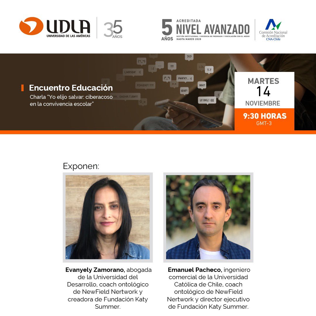 valeortiz's tweet photo. UDLA Concepción, invita al Encuentro Educación. Yo elijo salvar: ciberacoso en la convivencia escolar. 
📅  Martes 14 de noviembre                             ⏰ 09:30 horas 
📍Auditorio Campus El Boldal 
🗣️Expone: @KatySummerFund 
🔗Inscripciones: https://t.co/V5sbopqv9e https://t.co/1adx2moEM2