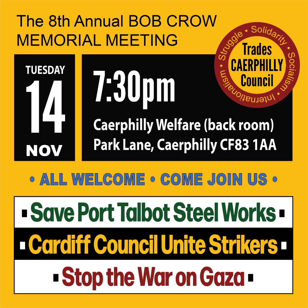 Come and join @caerphillytuc at the 8th Annual Bob Crow Memorial meeting - details here: