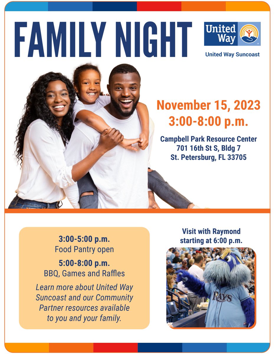 FAMILY NIGHT: Our community partner @UWSuncoast is hosting a family night! 🌟

🗓️ Nov 15, 2023
🕒 3-8pm
📍 Campbell Park Resource Center, 701 16th St. S., Bldg 7, St. Pete, FL 33705

Learn more about United Way Suncoast: unitedwaysuncoast.org

#unitedwaysuncoast #familynight