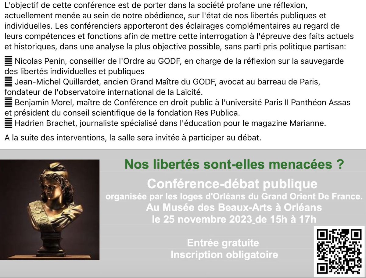Lab45Laicite's tweet photo. Nos libertés sont-elles menacées ? 

Conférence-débat publique organisée par les loges d'Orléans du Grand Orient De France.

Au Musée des Beaux-Arts à Orléans, le 25 novembre 2023 de 15h à 17h. 

Entrée gratuite. Inscription obligatoire. https://t.co/KUdfjmH87a
