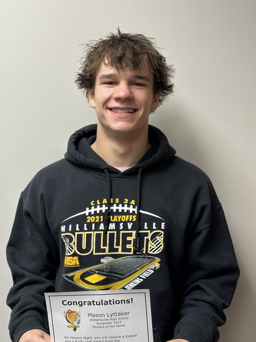 Congratulations to Mason Lyttaker! He was chosen as WHS Student of the Month for November. #bulletpride