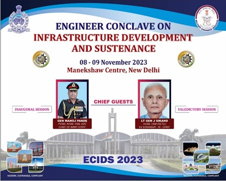 adgpi's tweet photo. “Engineer Conclave on Infra Development and Sustenance” #ECIDS2023 is being organised at Manekshaw Centre, #NewDelhi on 08-09 Nov 2023. 
Gen Manoj Pande #COAS will be delivering the keynote address, followed by insights on infrastructure development from domain experts & eminent speakers. Four technical sessions spread over two days & an exhibition of 38 carefully selected products await your participation.

#IndianArmy
#OnPathToTransformation