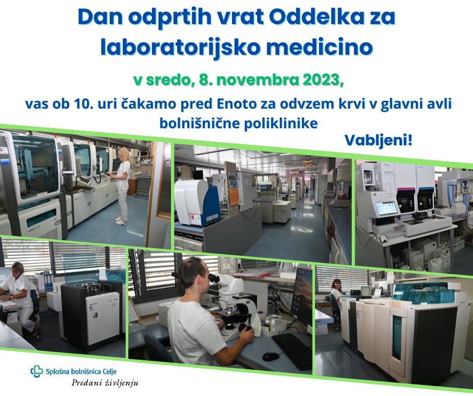 Ali veste, da naš Oddelek za laboratorijsko medicino opravlja približno 300 raznovrstnih preiskav, skupno približno 3,6 milijona letno?! Da na povprečni delovni da prejme okoli 2000 različnih vzorcev in izda 12000 rezultatov analiz?!
Če vas zanima več pridite na dan odprtih vrat!