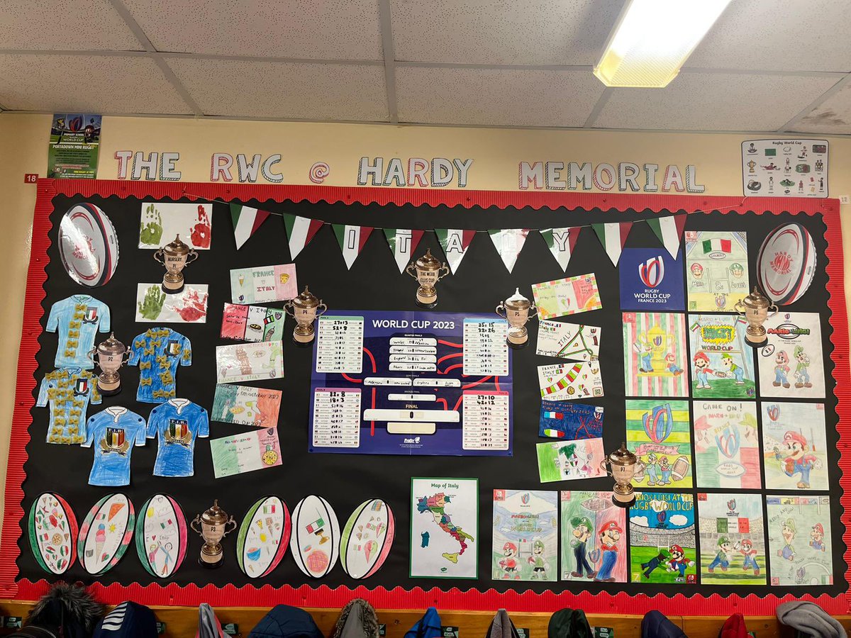 Thank you to @PortadownRFC for helping everyone in school learn more about the @rugbyworldcup, with a focus on Italy! We’ve been keeping track of the scores; designing tickets; and assisted @Nintendo with a game cover design for Mario and Luigi! 🇮🇹🏉